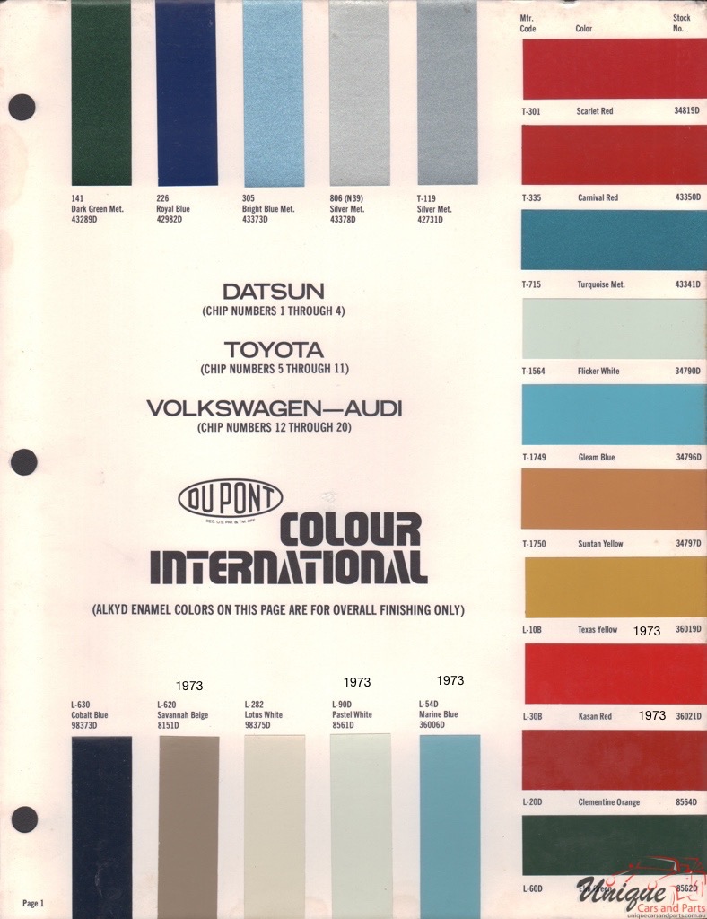 1973 Volkswagen International Paint Charts DuPont 7